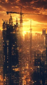 High rise construction cranes over dense city skyline at dusk.
