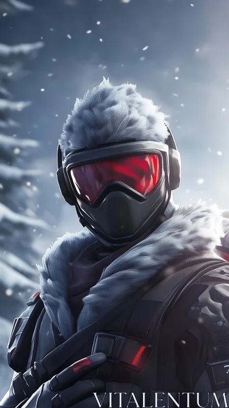 Futuristic winter soldier in visor stands in swirling snow.