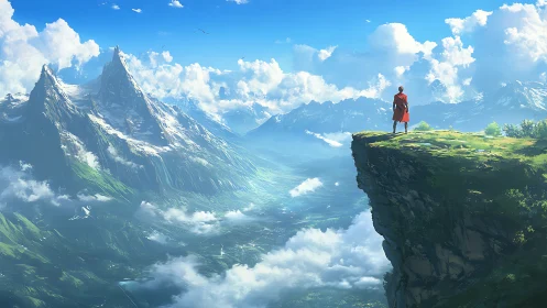 Traveler in red greeting a sunlit sea of mountain clouds.