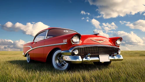 Scarlet vintage coupe gleams under wide open prairie sky.