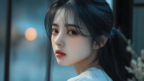 Soft evening portrait captures a calm, thoughtful young woman