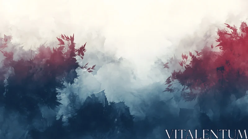 Abstract red and blue foliage cloudscape in soft mist.