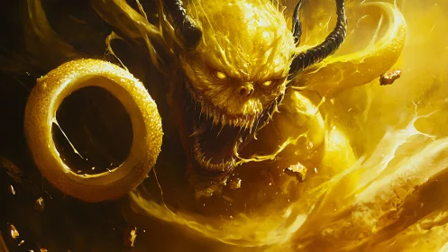 Golden horned demon roars from swirling molten light