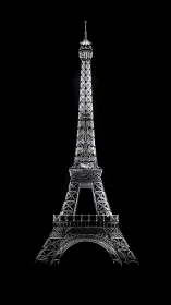 Luminous Eiffel Tower rises in stark monochrome night