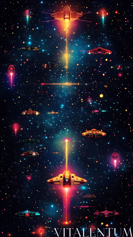 Neon spacecraft fleet aligned in a dense starfield grid.