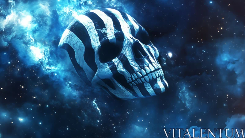 Striped astral skull drifting through ionized nebular void.