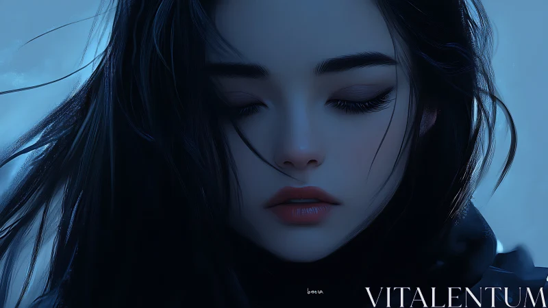 Melancholic female portrait in cool cyan cinematic lighting