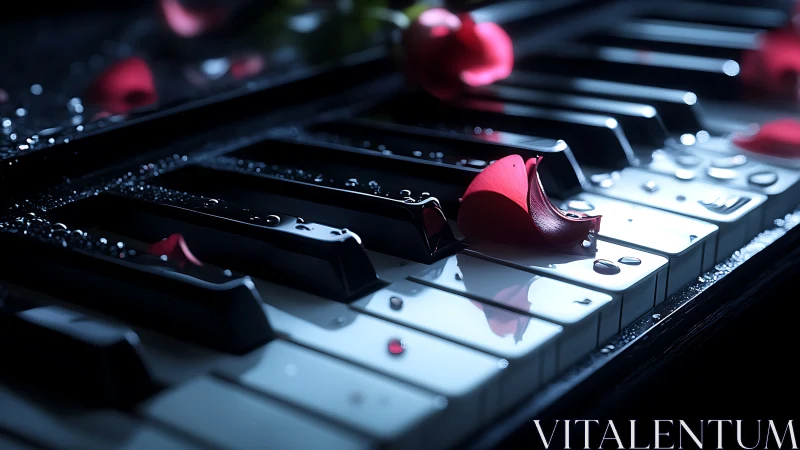Wet piano keyboard with rose petals and shallow depth of field