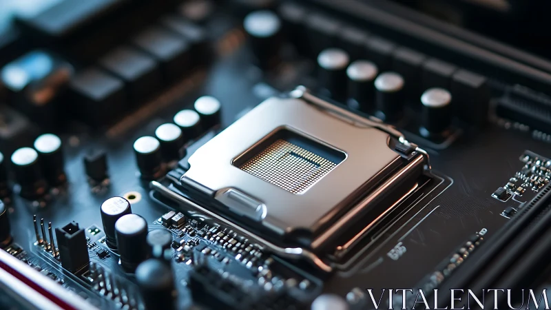 Chrome-lit CPU socket crowns a futuristic digital motherboard.