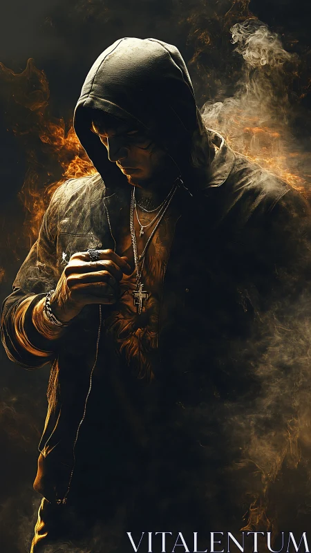 Hooded male figure in fiery smoke, cinematic chiaroscuro portrait