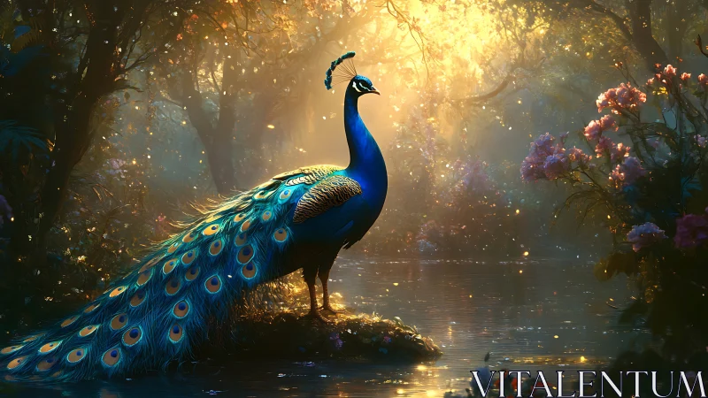 Iridescent peacock beside reflective forest pond at sunrise