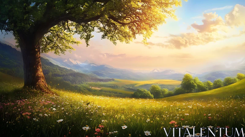 Sunlit meadow and lone tree welcoming a peaceful pause.