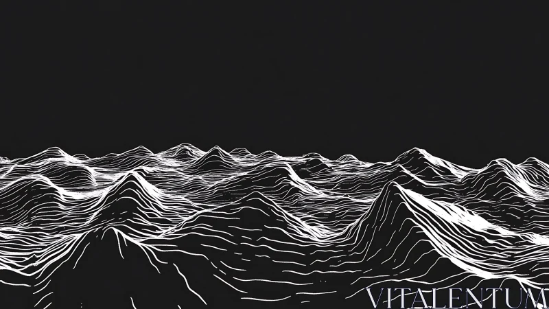 Monochrome wireframe mountains flow across dark horizon.