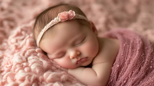 Sleeping newborn girl with pink floral headband rests peacefully