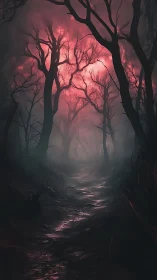 Narrow forest path extends under dense bare trees and red sky