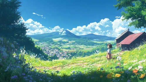 Sunlit hillside girl gazing over a peaceful mountain village.