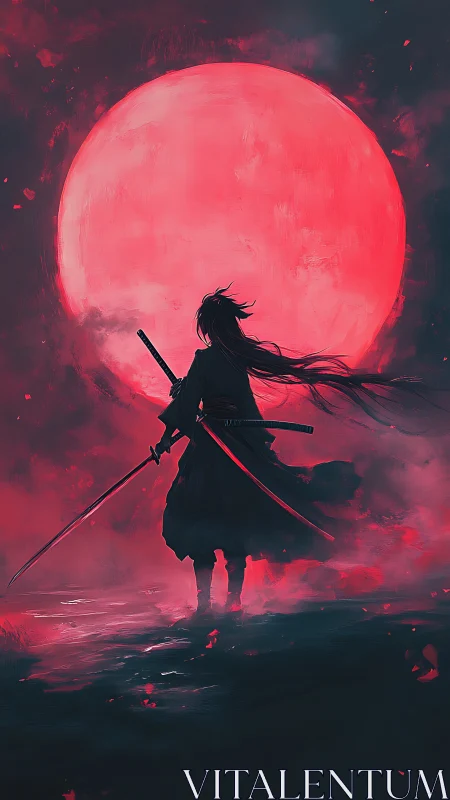 Silhouetted swordsman standing before large red moon.