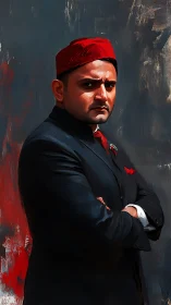Scarlet-capped dignitary glowers in storm-swept oil hues.