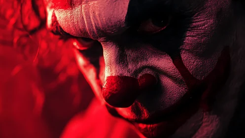 Intense red-lit clown portrait with sinister painted expression.
