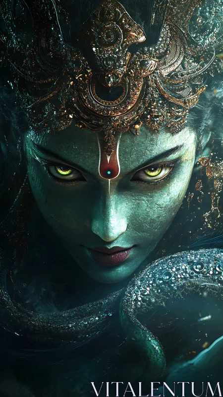 Serpent crowned sea goddess stares through emerald midnight