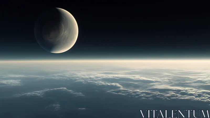 Eclipsed marble hangs above a silver sea of frozen clouds