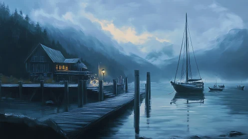 Quiet mountain harbor dock at dusk with anchored sailboat.