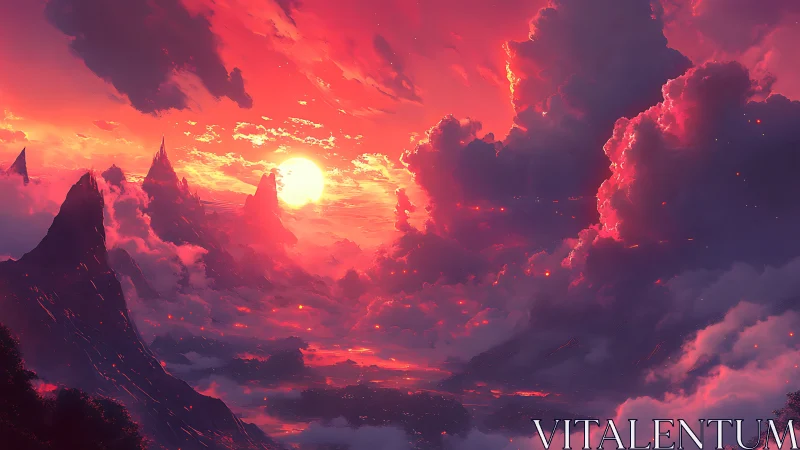 Emberborn sunset over storm-clad mountains and burning sky.