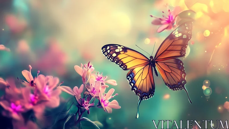 Radiant monarch butterfly amid dreamy pastel blossoms.