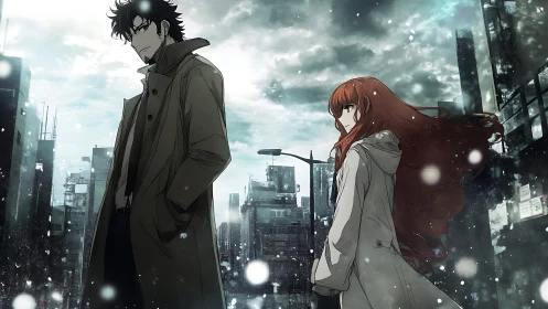 Melancholic duo in snow-swept dystopian cityscape at dusk.