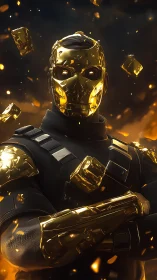 Molten dusk crowns a golden masked warrior in ember storm