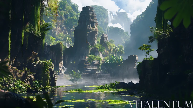Digital render shows overgrown stepped ruins in river gorge