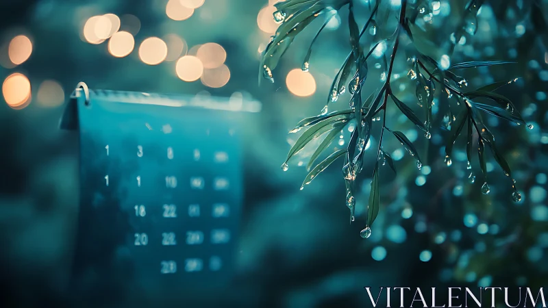 Rainlit calendar scene with bokeh lights and teal glow.
