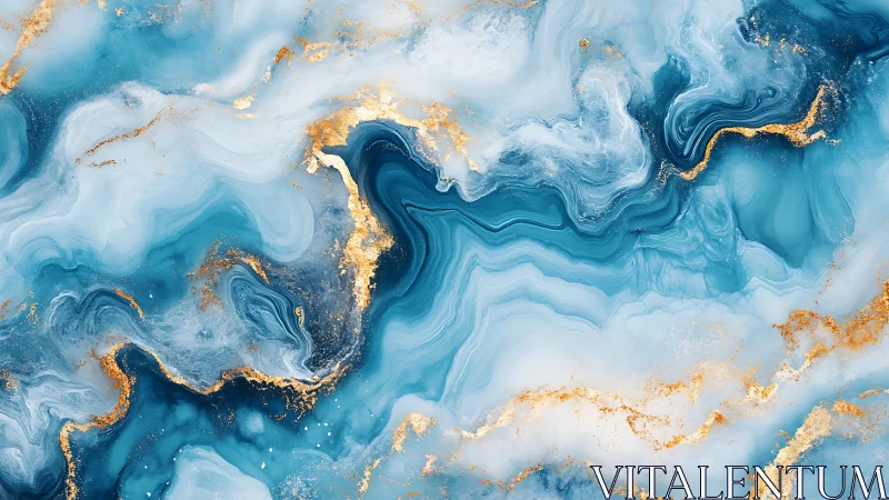 Marbled blue fluid layers intersect with dispersed metallic veins