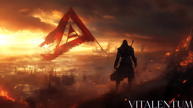 Lone dusk warrior guarding a burning bannered horizon.