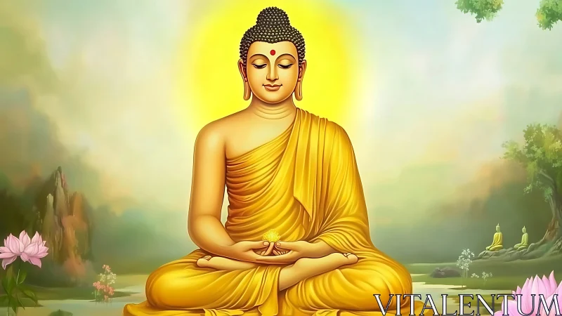 Radiant meditative Buddha with halo in luminous landscape field.