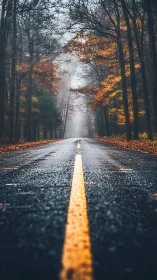 Wet Asphalt Road Stretches Through Autumn Forest Mist.