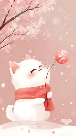 White Cat with Red Scarf Playing with Lantern in Snowy Garden