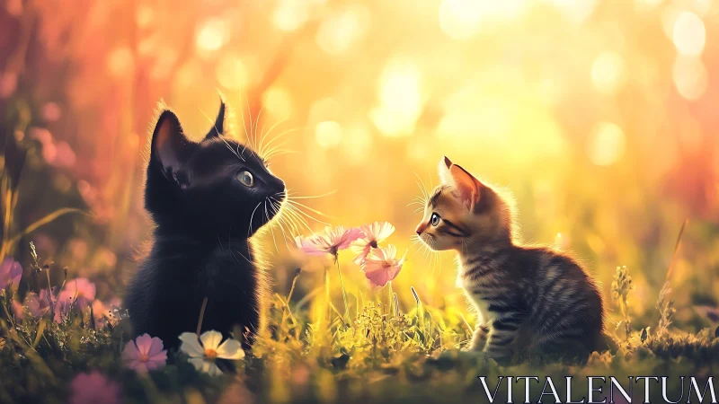 Black Cat and Tabby Kitten Encounter in Golden Hour Wildflower Field