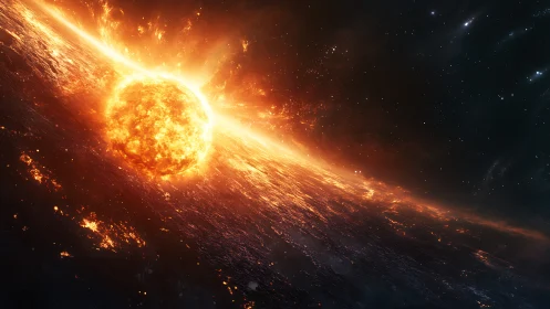 Stellar impact shock front across disintegrating planetary crust.