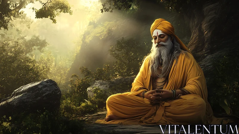 Elderly sage meditates in forest clearing with warm light.