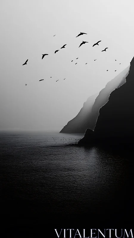 Soaring seabirds drift calmly above misty ocean cliffs
