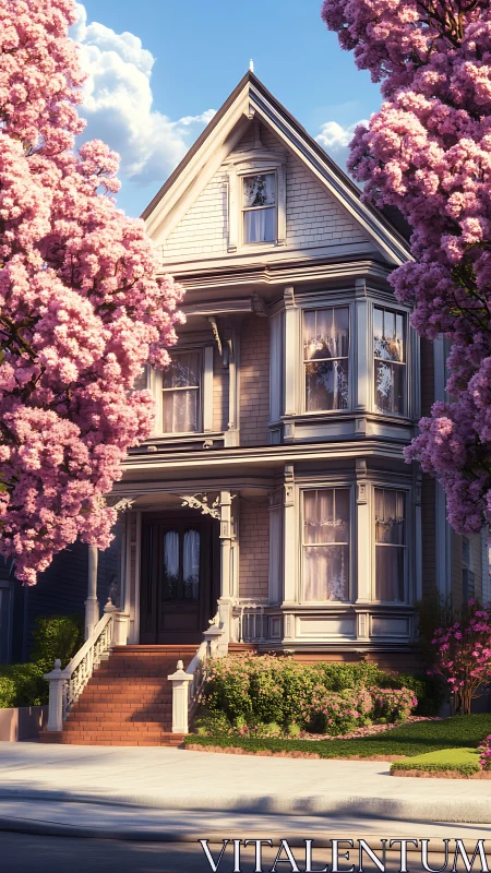 Victorian house framed by blooming pink spring trees.