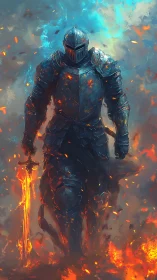 Armored figure with flaming sword amid drifting embers.
