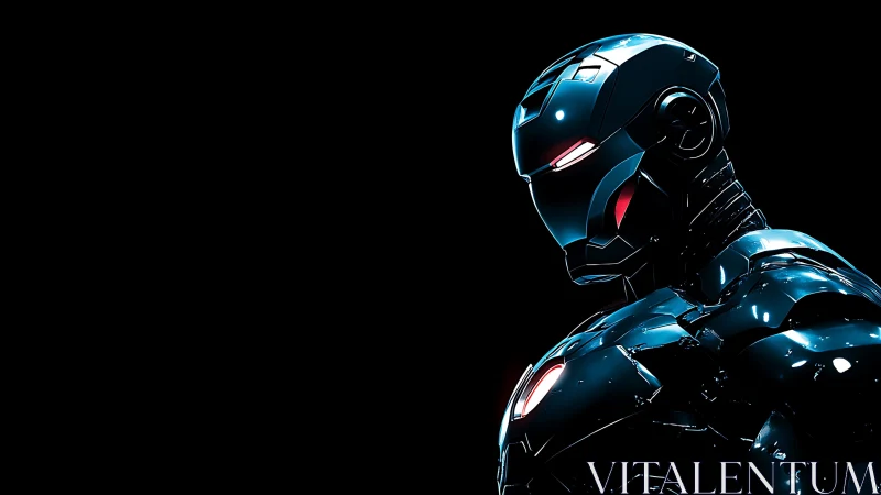Sleek midnight mech hero glowing against deep space calm.