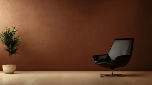 Minimalist lounge with black leather chair and potted dracaena