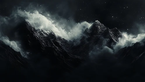 Nocturnal mountain peaks shrouded in storm clouds.