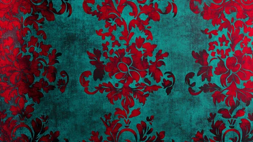 Velvet red damask sprawls across weathered teal twilight.