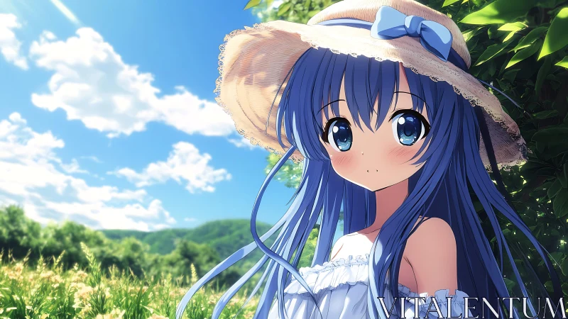 Anime girl stands in sunlit field wearing straw hat