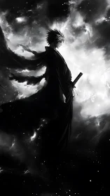 Silhouetted swordsman in flowing cloak against cosmic void.