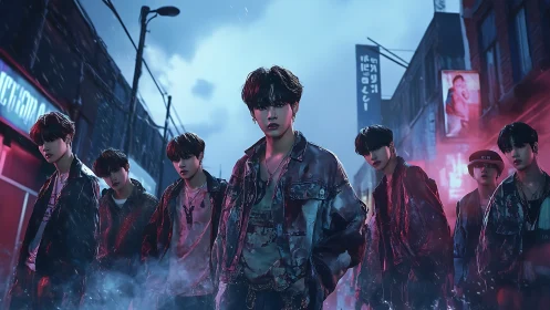 Moody street crew glowing under neon city rainlight.